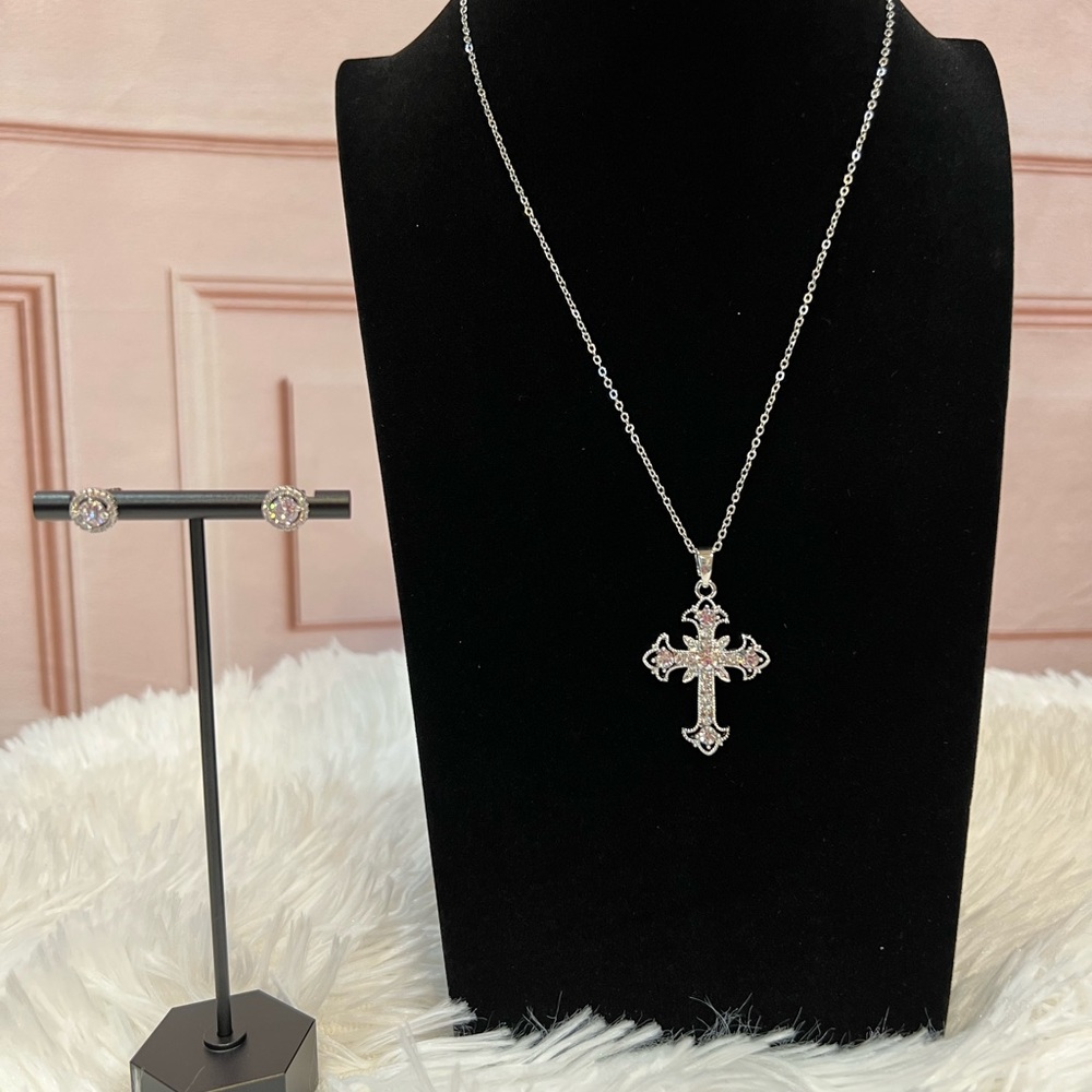 Women’s Crystal Cross Necklace, Crystal Premium Cubic Zirconia stud Earrings.